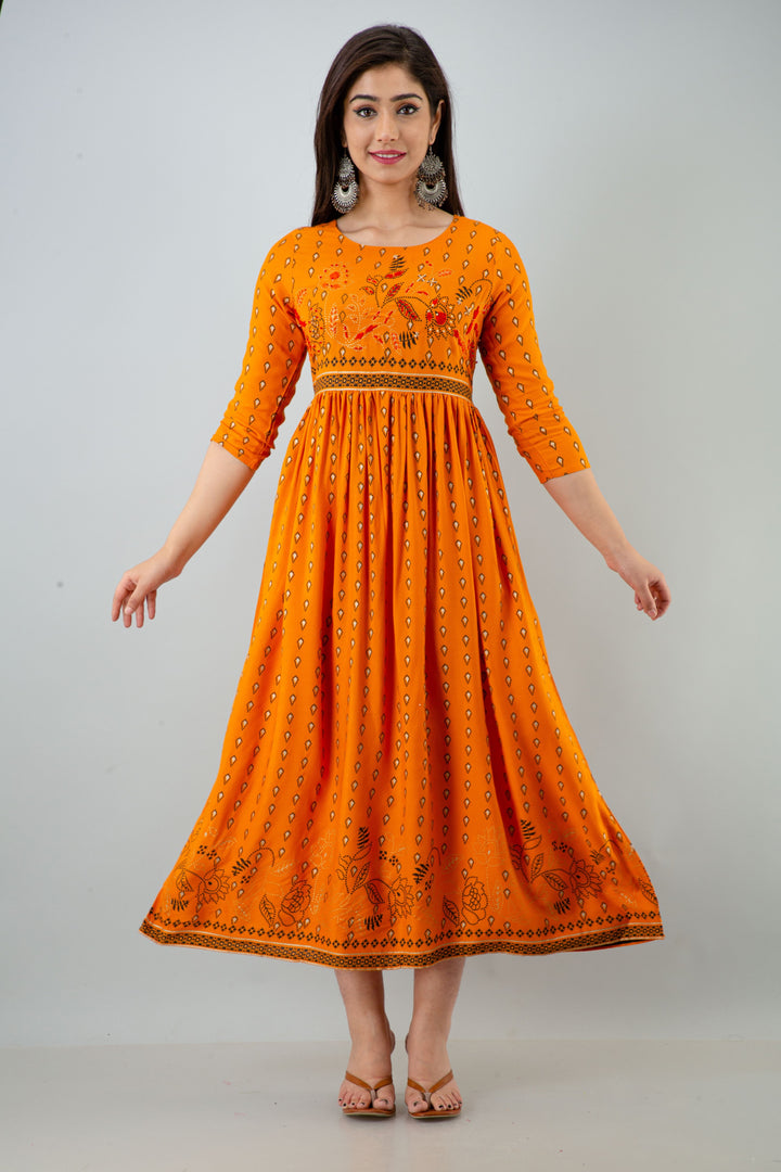 Womens Mustard Rayon Ethnic Dress