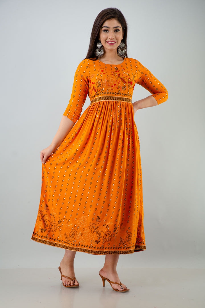 Womens Mustard Rayon Ethnic Dress