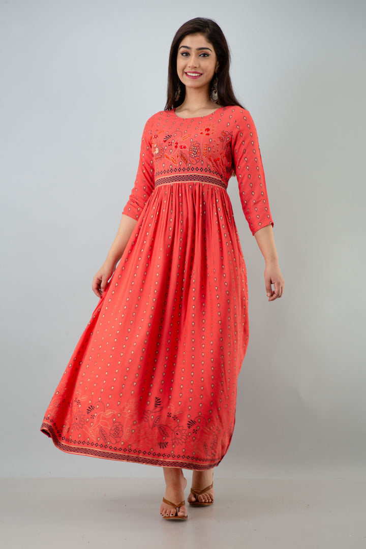 Womens Peach Rayon Ethnic Dress