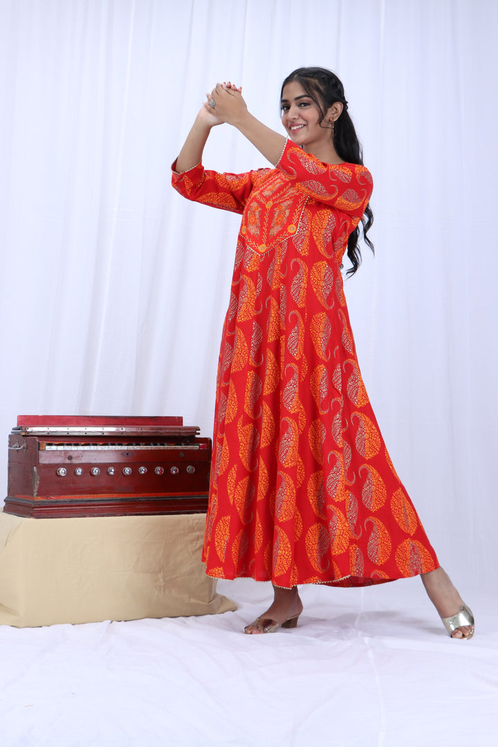 Womens Red Rayon Anarkali Dress Kurta