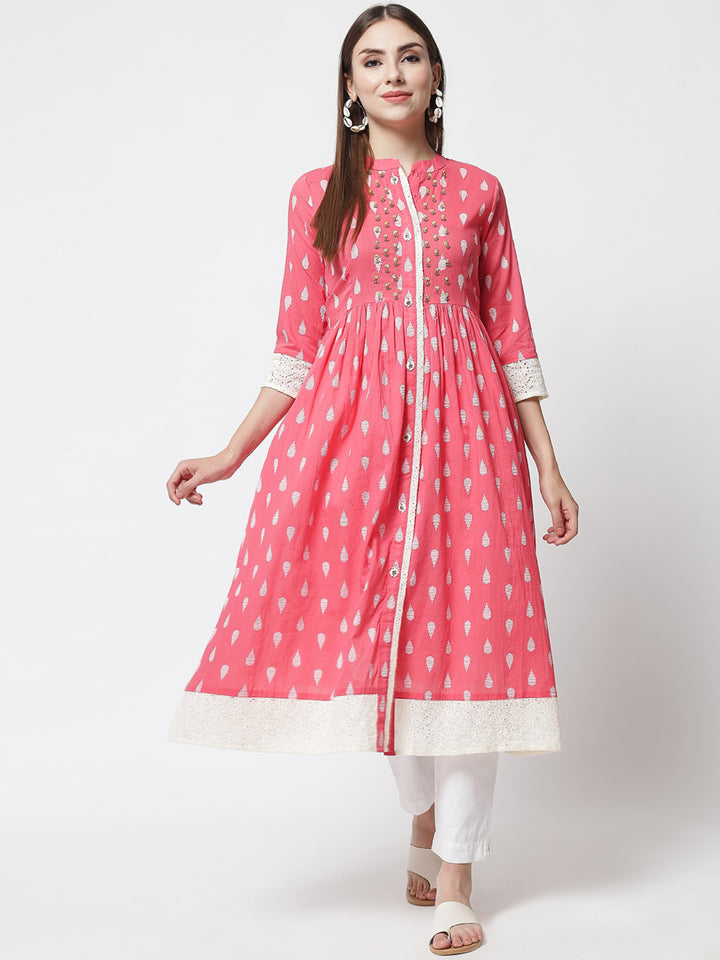 Womens Pink Handloom Cotton A-Line Kurta