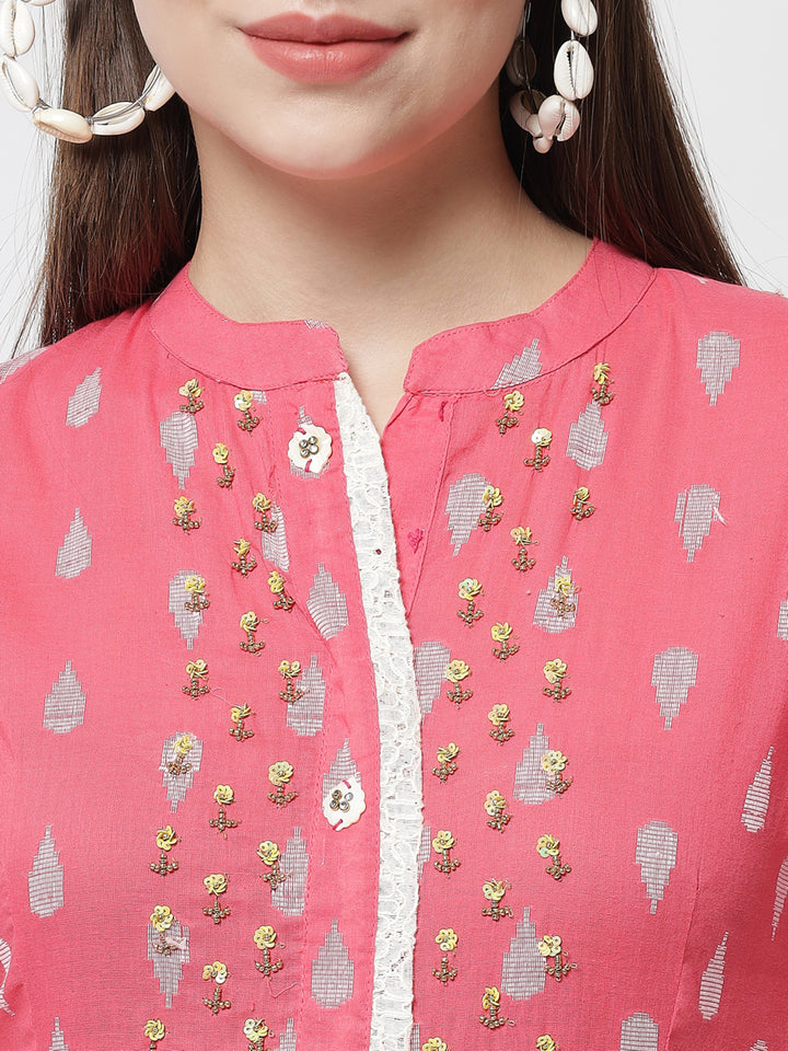 Womens Pink Handloom Cotton A-Line Kurta
