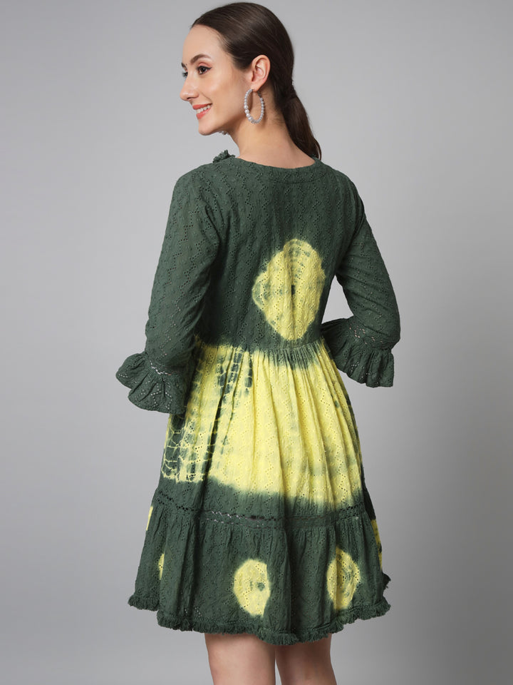 Womens Dark Green & Yellow Schiffli Flared Tiered Short Dress