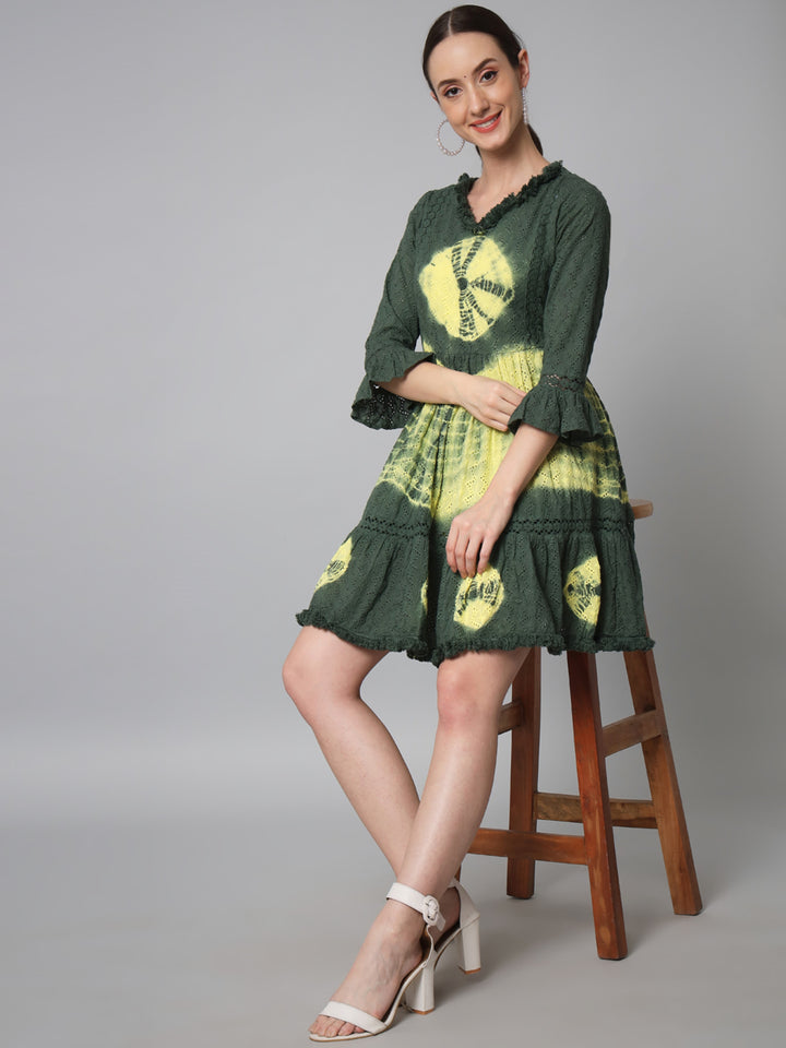 Womens Dark Green & Yellow Schiffli Flared Tiered Short Dress