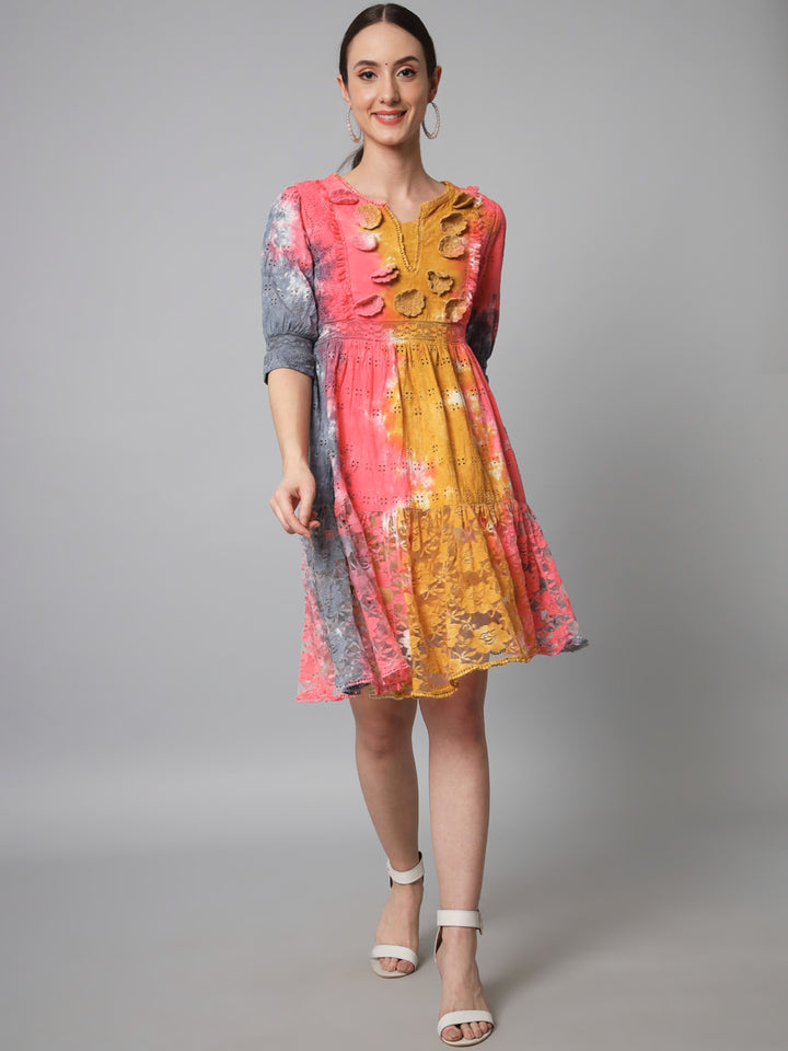 Womens Multicolor Schiffli Flared Tiered Short Dress