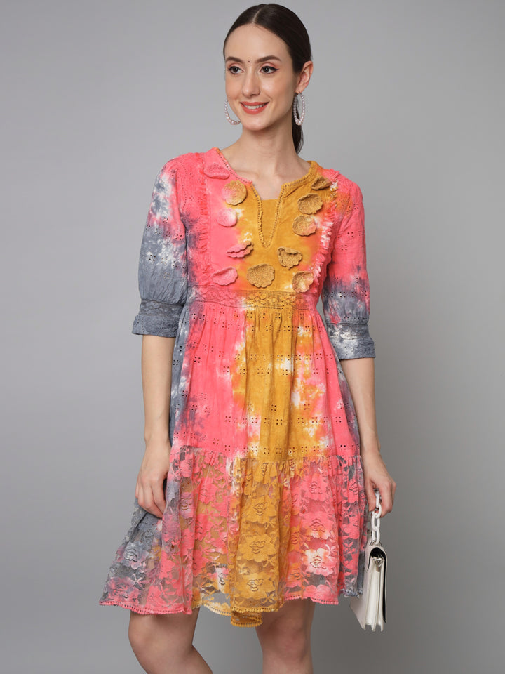 Womens Multicolor Schiffli Flared Tiered Short Dress