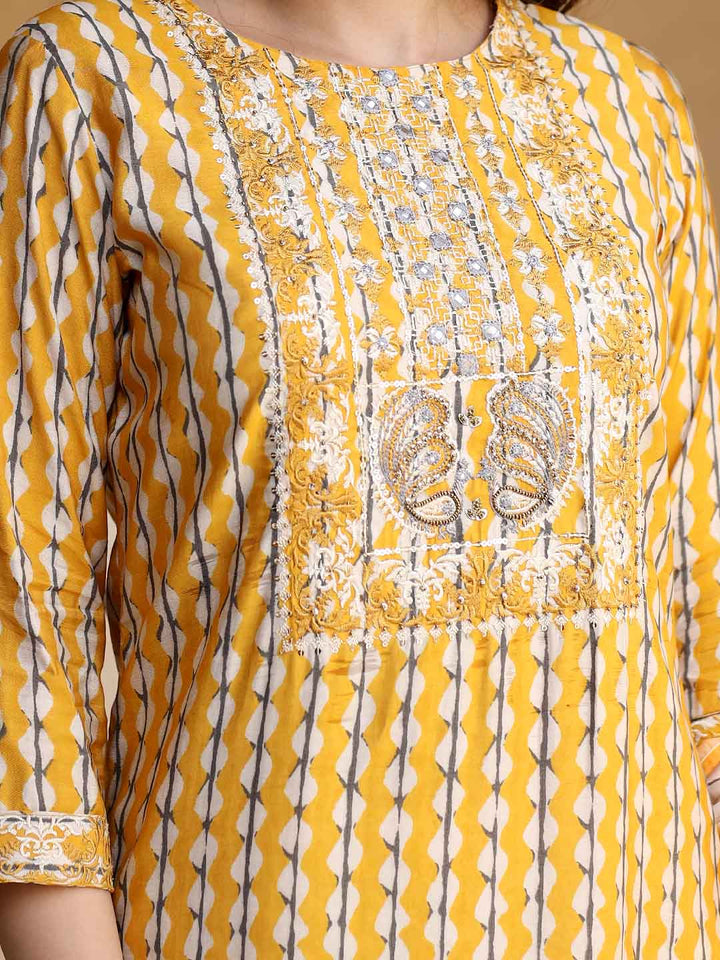 Women Straight  Yellow Stripe  Kurta Palazzo & Dupatta Set