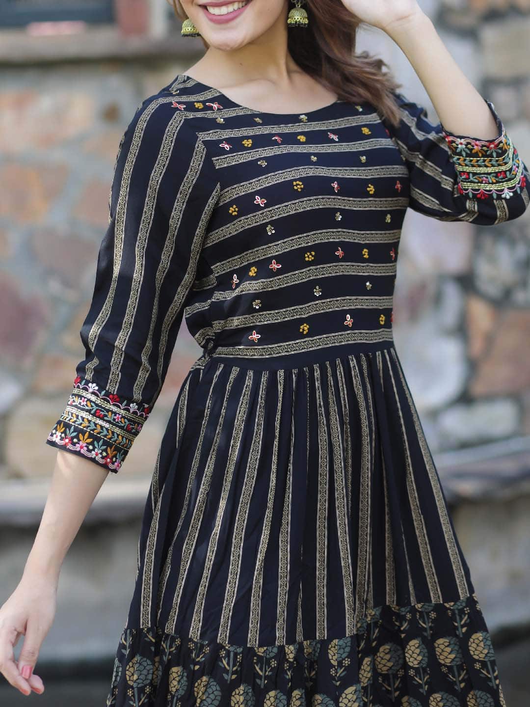 Women Anarkali Black Striped Dress