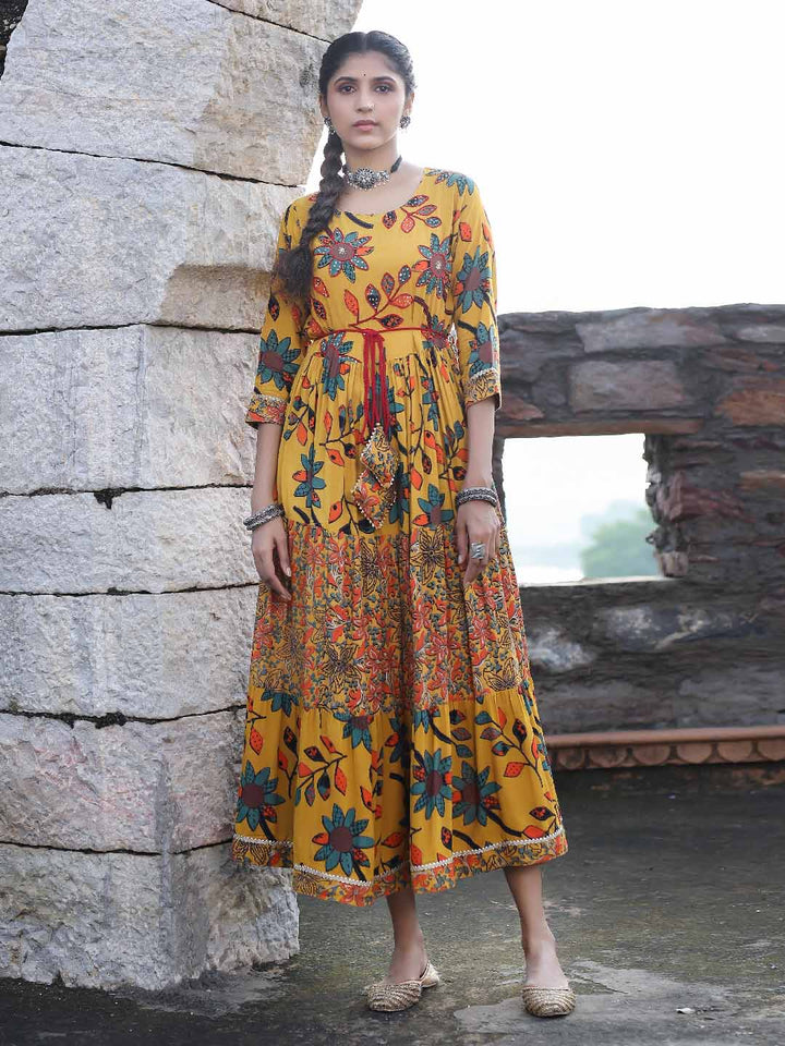 Women Anarkali  Mustard Floral Dress