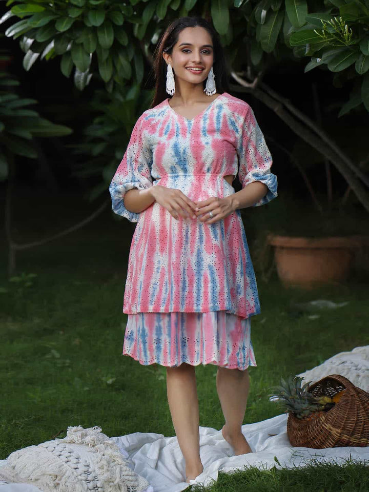 Women Anarkali Pink & BlueTie-Dye Midi Dress