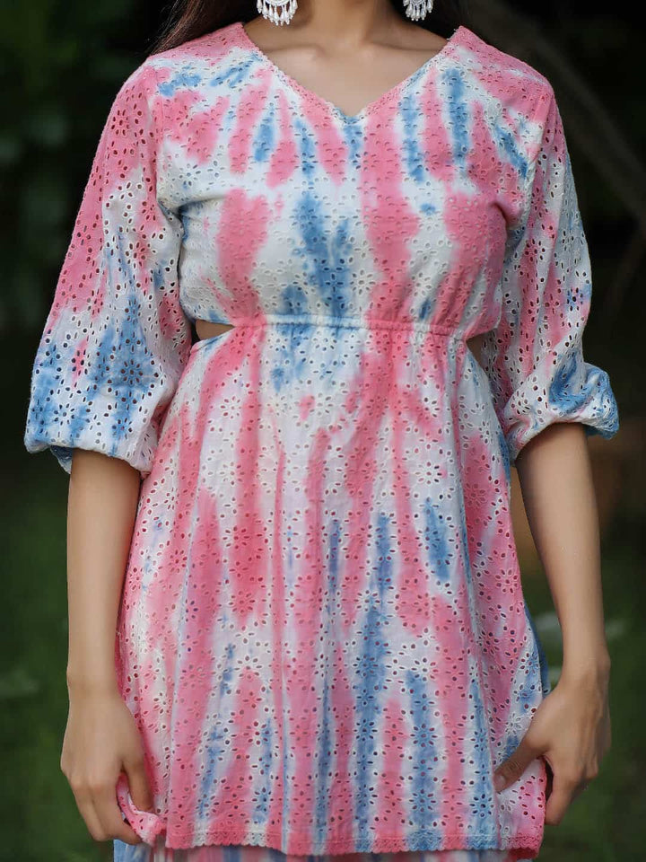 Women Anarkali Pink & BlueTie-Dye Midi Dress