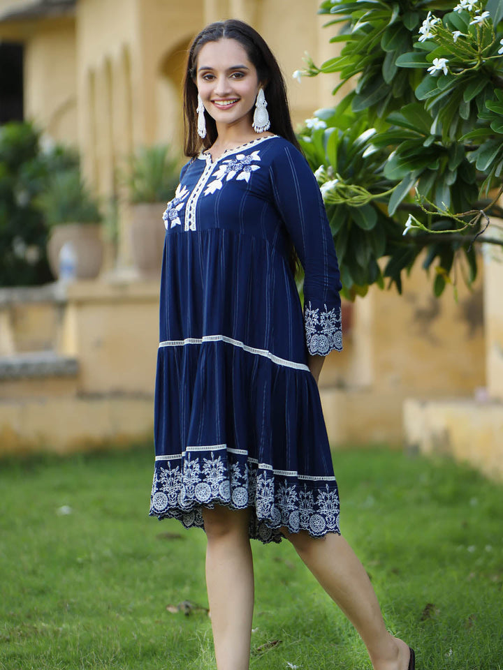 Women Anarkali Royal Blue Woven Design Midi Dress