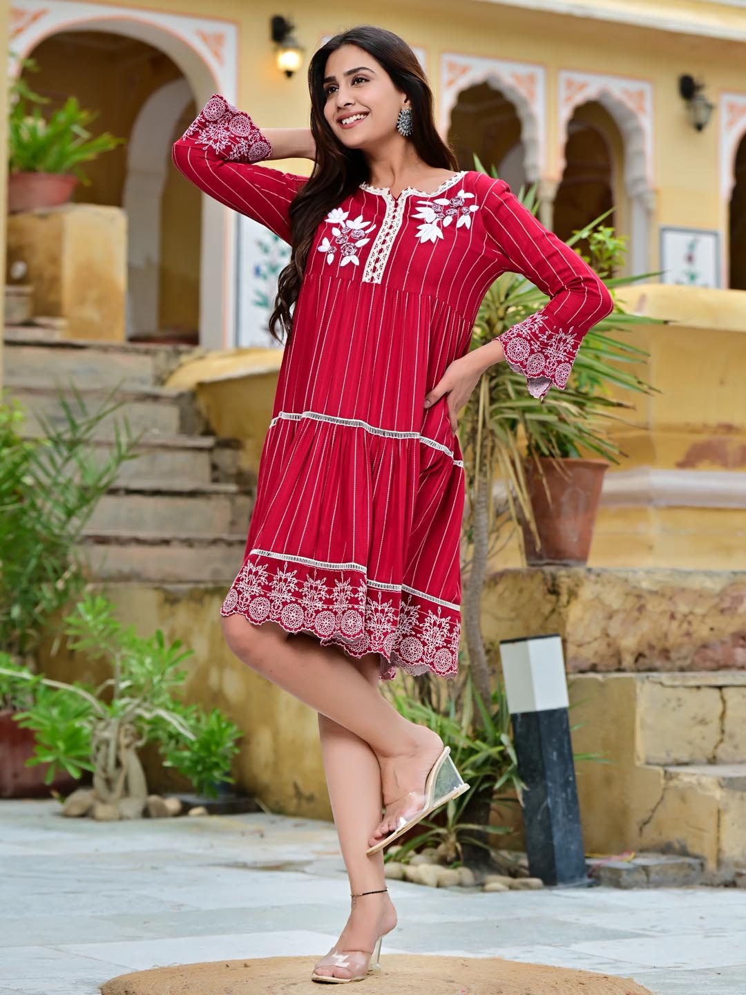 Women Anarkali Red Woven Design Midi Dress