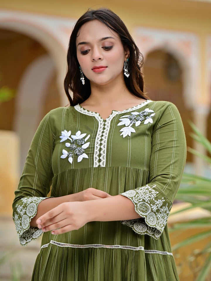 Women Anarkali Green Woven Design Midi Dress