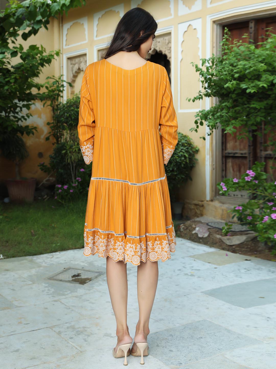 Women Anarkali Mustard Woven Design Midi Dress