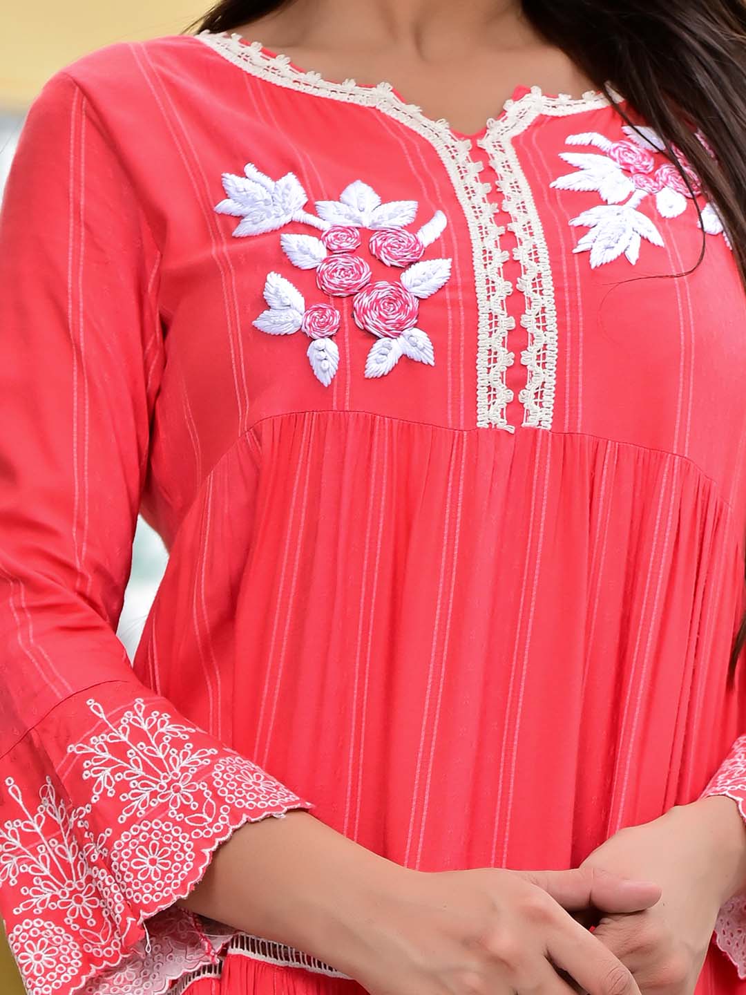 Women Anarkali Pink Woven Design Midi Dress