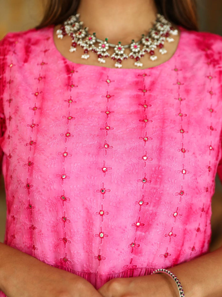 Pink Tiered Kurta With Palazzo & Dupatta Set