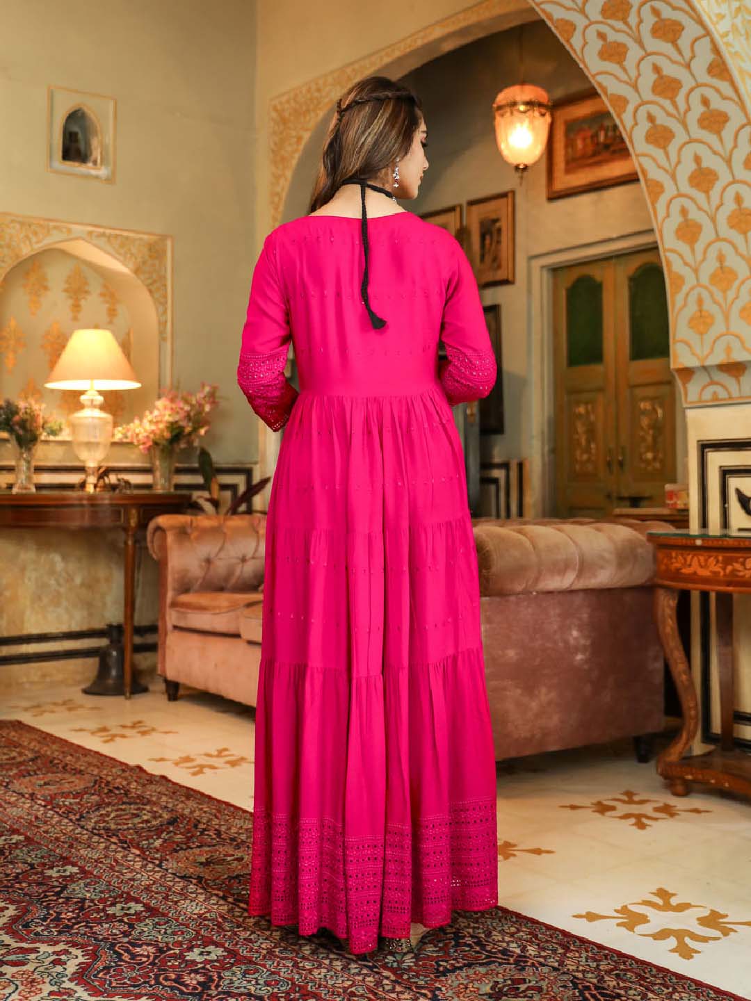 Women's Pink Schiffli Fabric Anarkali Kurta